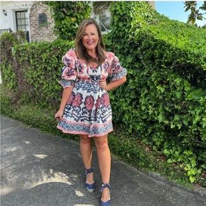 Ash & Eden Serah puff sleeve mini dress pink blue Boho Sz S criss cross back